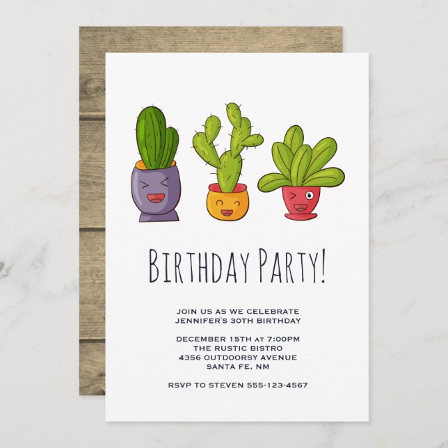 Invitation Trois mignons Cactus Illustration Anniversaire (Devant / Derrière)