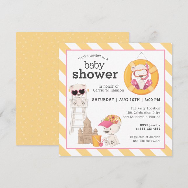 Invitation Trois ours au Baby shower de plage pour fille (Devant / Derrière)