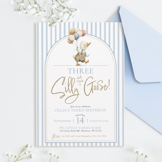 Invitation TROIS Petit Garçon Rayé Mignon Canard Silly Goose  (THREE Silly Goose cute modern arch whimsical ticking pinstripe boy 3rd birthday party invitation)