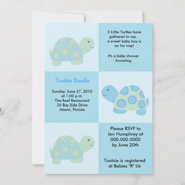 Invitation Trois petites tortues Mod Turtle 5x7 Baby shower (Devant)