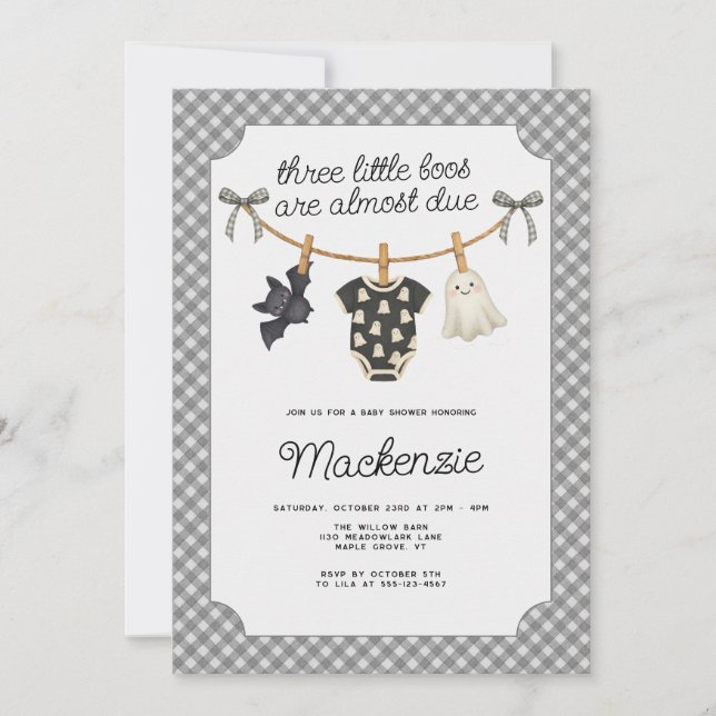 Invitation Trois Petits Boos En vichy Baby shower Halloween (Devant)