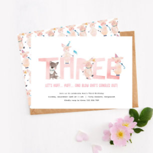 Invitation Trois petits cochons Grand méchant loup, filles 3e