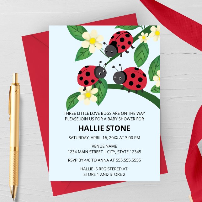 Invitation Trois Petits Insectes de l'Amour Baby Shower Cocci (Three Little Love Bugs Ladybug Baby Shower Invite | Floral Garden Triplet Shower Invitation)