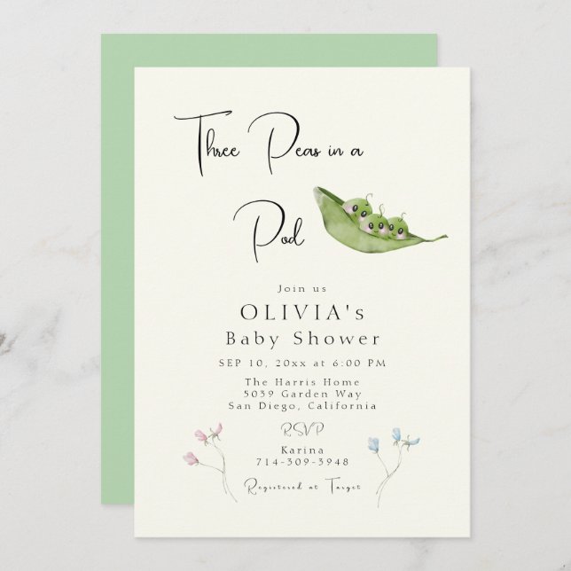 Invitation Trois petits pois dans un Baby shower de pois (Devant / Derrière)
