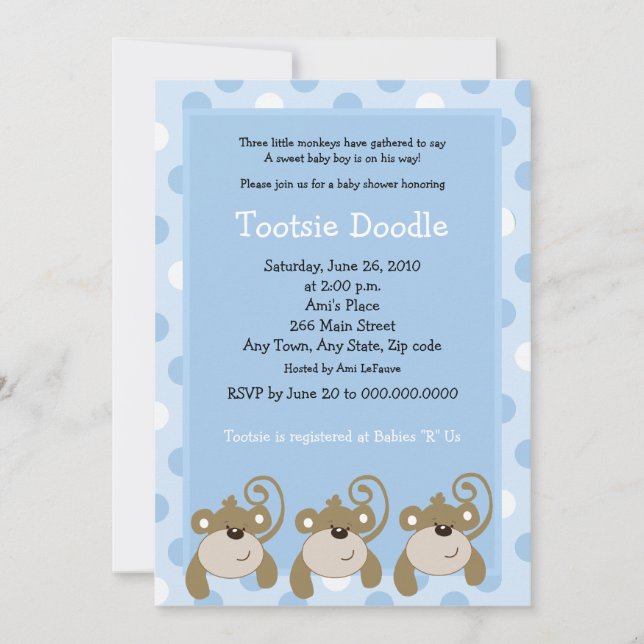 Invitation Trois petits singes 5x7 Baby shower bleu (Devant)