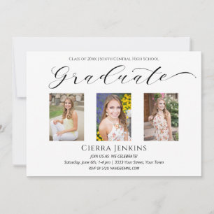 Invitation Trois photo Calligraphie White Graduation Party In