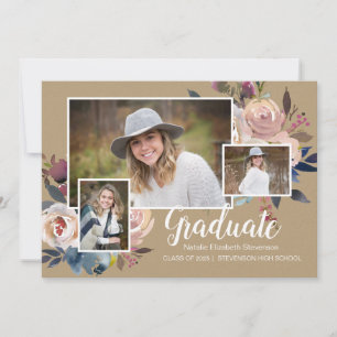 Invitation Trois Photo Floral Typography Graduation Party