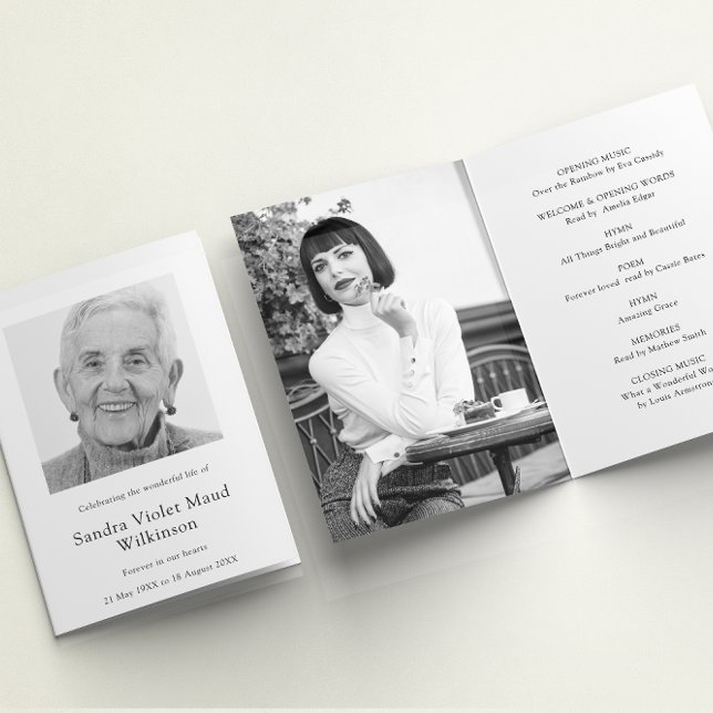 Invitation Trois photo funérailles modernes ordre de service (memorial order of service , modern black and white simple design , forever in our hearts funeral )