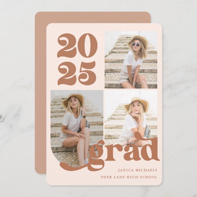 Invitation Trois Photo Retro Type Terracotta Graduation Party (Devant / Derrière)