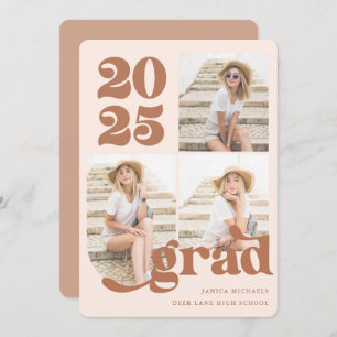 Invitation Trois Photo Retro Type Terracotta Graduation Party