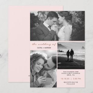 Invitation Trois photos  Blush et Faux Rose Gold Mariage