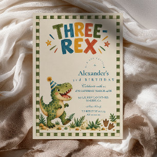 Invitation Trois Rex Anniversaire Dinosaure Vert à Damier
