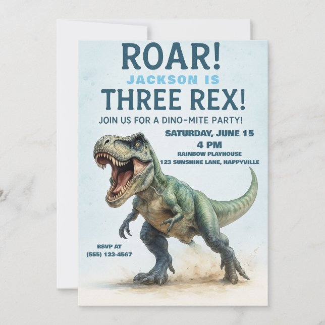 Invitation Trois Rex Anniversaire - Garçons T-Rex Dinosaur An (Devant)