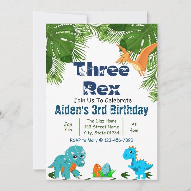 Invitation Trois Rex Dino fête d'anniversaire (Devant)