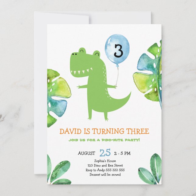 Invitation Trois Rex Dinosaur Boy 3ème anniversaire (Devant)