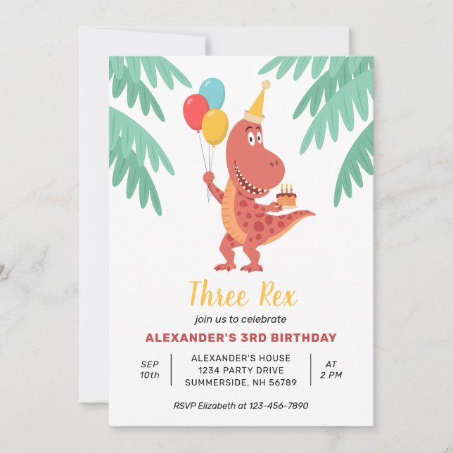 Invitation Trois Rex Dinosaur Cake Balloon 3e fête d'annivers (Devant)