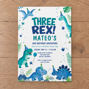 Invitation Trois Rex Dinosaure Aquarelle Bleue 3ème Anniversa