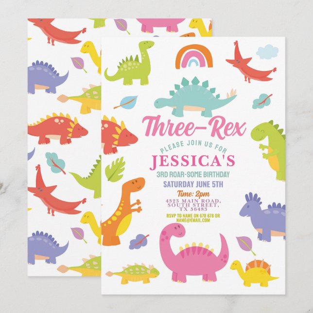 Invitation Trois Rex Dinosaure Filles Mignonnes Fête Rose (Devant / Derrière)