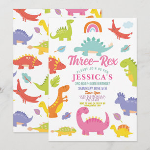 Invitation Trois Rex Dinosaure Filles Mignonnes Fête Rose