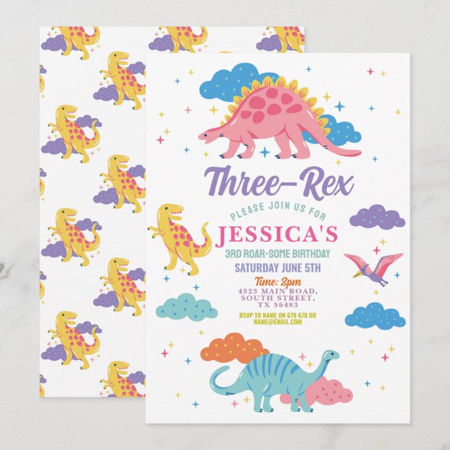 Invitation Trois Rex Dinosaure Filles Mignonnes Fête Rose (Devant / Derrière)