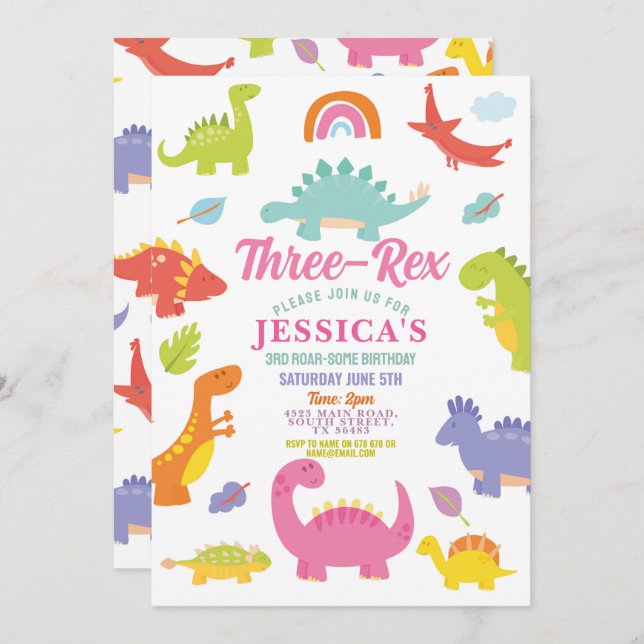 Invitation Trois Rex Dinosaure Filles Rose Fête Mignonne (Devant / Derrière)