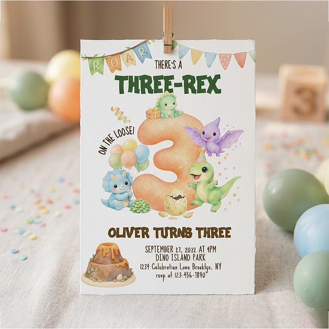 Invitation Trois-Rex Dinosaure Mignon Dino 3ème Anniversaire (Créateur téléchargé)