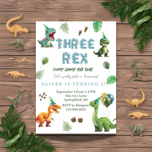 Invitation Trois Rex Dinsoaur anniversaire, aquarelle t-rex