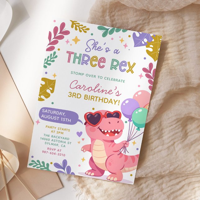 Invitation Trois Rex Fille Anniversaire Rose Dinosaure Fête (Créateur téléchargé)