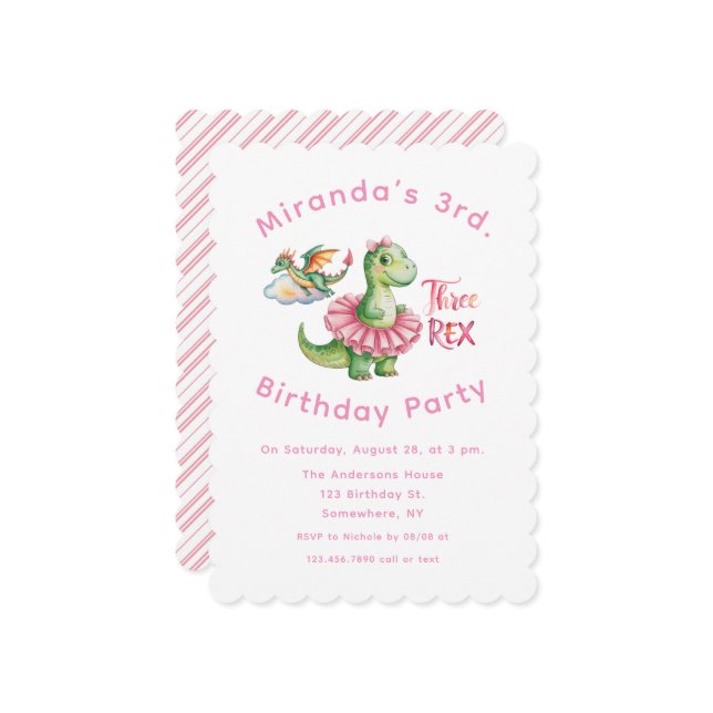 Invitation Trois Rex Girl 3e fête d'anniversaire (Devant/Arrière en situation)