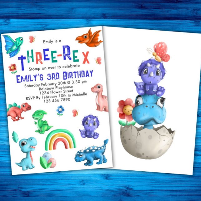 Invitation Trois-Rex Girls 3e Anniversaire Fête Dinosaure Din (Créateur téléchargé)