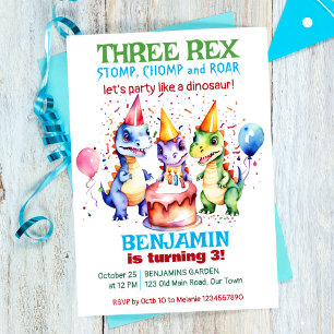 Invitation Trois rex jolies dinosaures fête d'anniversaire