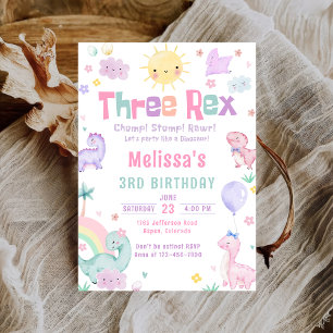 Invitation Trois Rex Pastel Dinosaur 3e fête d'anniversaire
