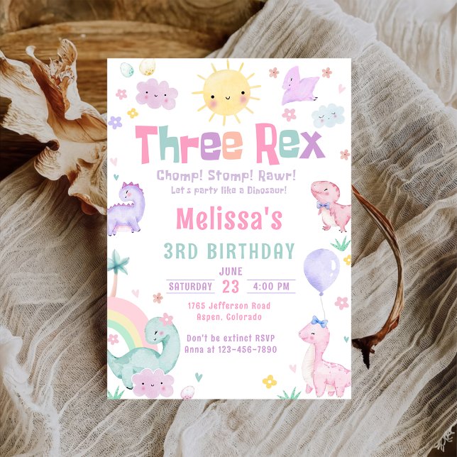 Invitation Trois Rex Pastel Dinosaur 3e fête d'anniversaire (Créateur téléchargé)