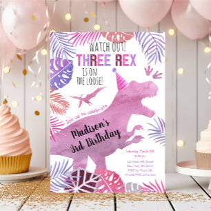 Invitation Trois Rex Rose Purple Girl Dinosaure Anniversaire