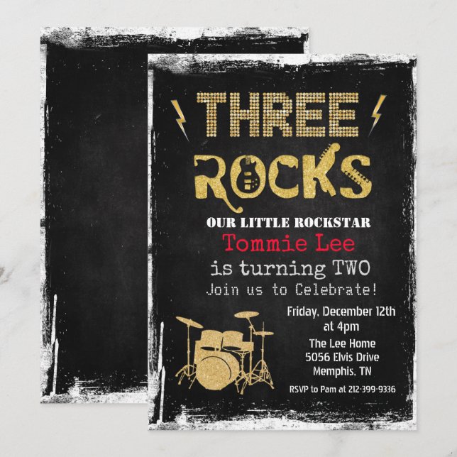 Invitation Trois Rochers Batterie Rockstar 3e Anniversaire  (Devant / Derrière)