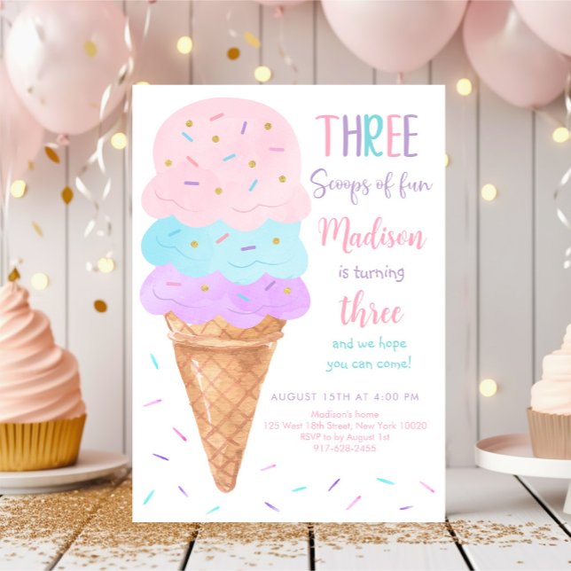 Invitation Trois Scoops de la crème glacée amusante anniversa (Créateur téléchargé)