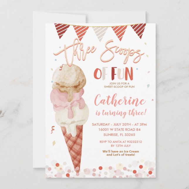 Invitation Trois Scoops Of Fun 3ème anniversaire Parties scin (Devant)