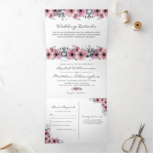 Invitation Trois Volets 3 en 1 Élégant Rose Fleur de Mariage à l'aquarelle