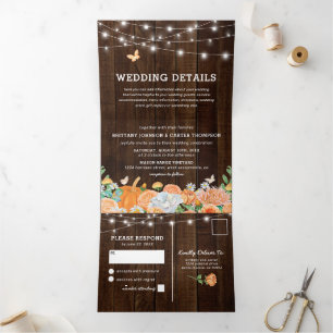 Invitation Trois Volets 3 en 1 Mariage Floral Automnal Rustique