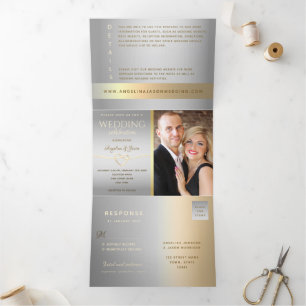 Invitation Trois Volets 3 en 1 Mariage Photo Argent et Or