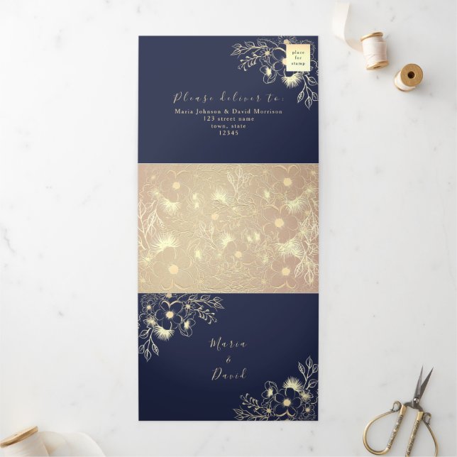 Invitation Trois Volets 3 en 1 Rose Gold et Noces Navy (Extérieur)