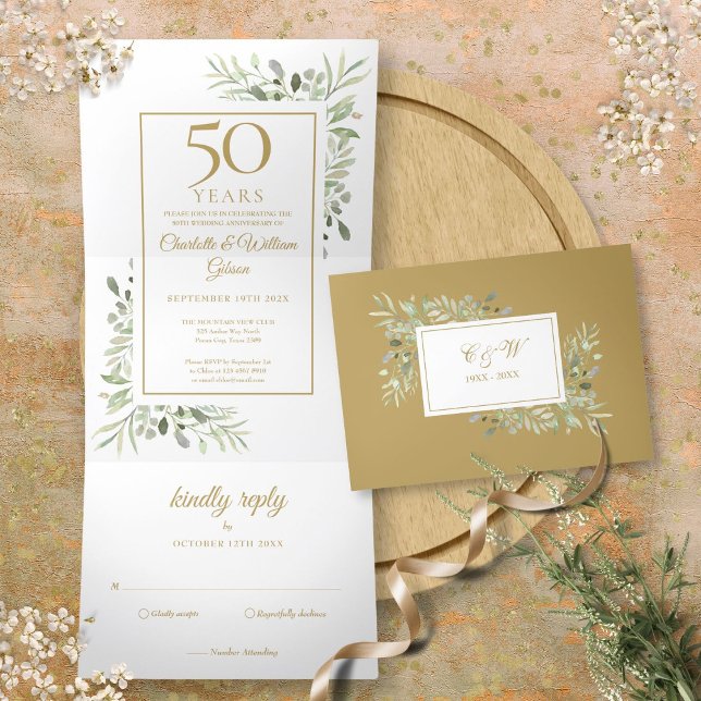 Invitation Trois Volets 50e anniversaire de mariage en or floral verdure (50th Golden Anniversary Wedding Greenery Floral Tri-Fold Invitation)