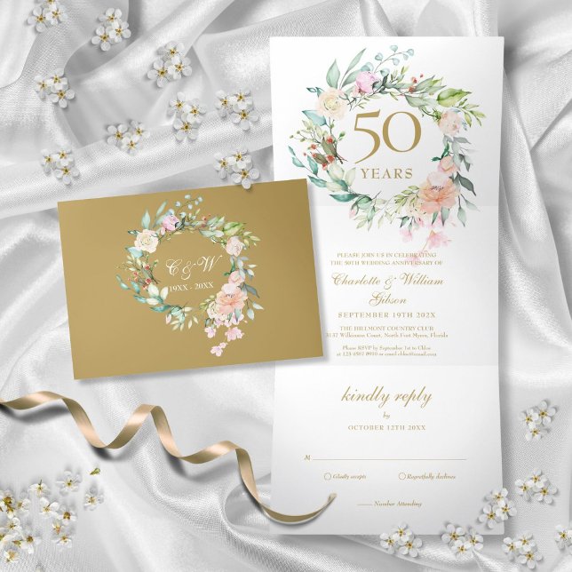 Invitation Trois Volets 50e Anniversaire d'or Roses Mariage Floral (50th Golden Anniversary Wedding Roses Floral Tri-Fold Invitation)