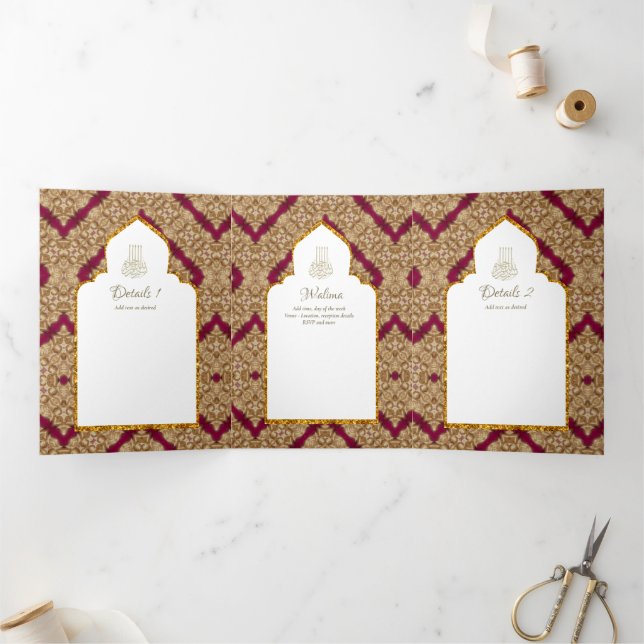 Invitation Trois Volets 6 pg NIKAH WALIMAH White Red Gold Ornate (Intérieur)