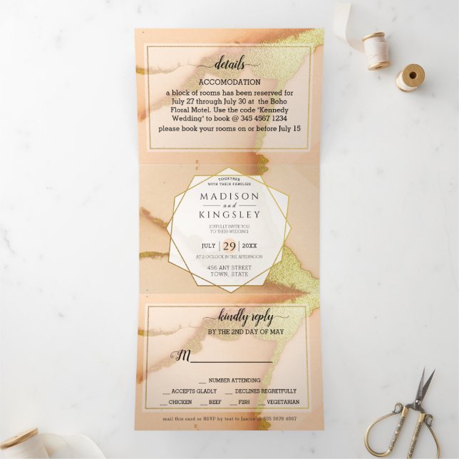 Invitation Trois Volets Abstrait de corail moderne 🌸 Mariage d'huile d'en (Intérieur)