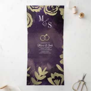 Invitation Trois Volets Abstrait violet noir glam or Roses Mariage