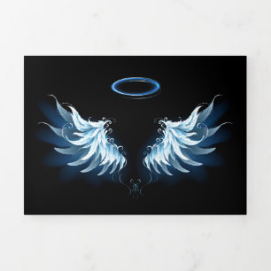 Invitation Trois Volets Ailes d'ange lumineuses bleues sur fond noir