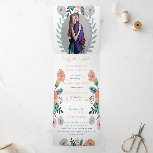 Invitation Trois Volets Amour de lavande pêche Mariage floral vert menthe (Intérieur)