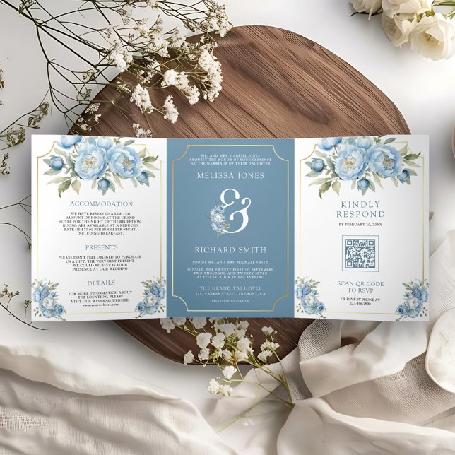 Invitation Trois Volets Ampersand floral bleu poussiéreux en un seul Maria (Créateur téléchargé)