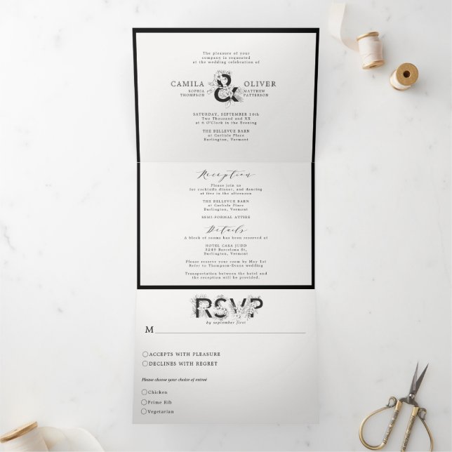 Invitation Trois Volets Ampersand floral noir et blanc Tout en un Mariage (Intérieur)